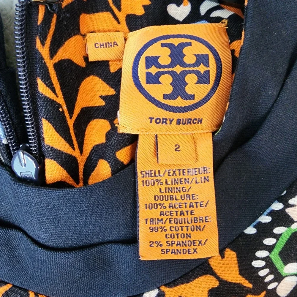 Tory Burch Dress Womens Size 2 Orange Navy Linen Floral‎ Shift Logo Buttons